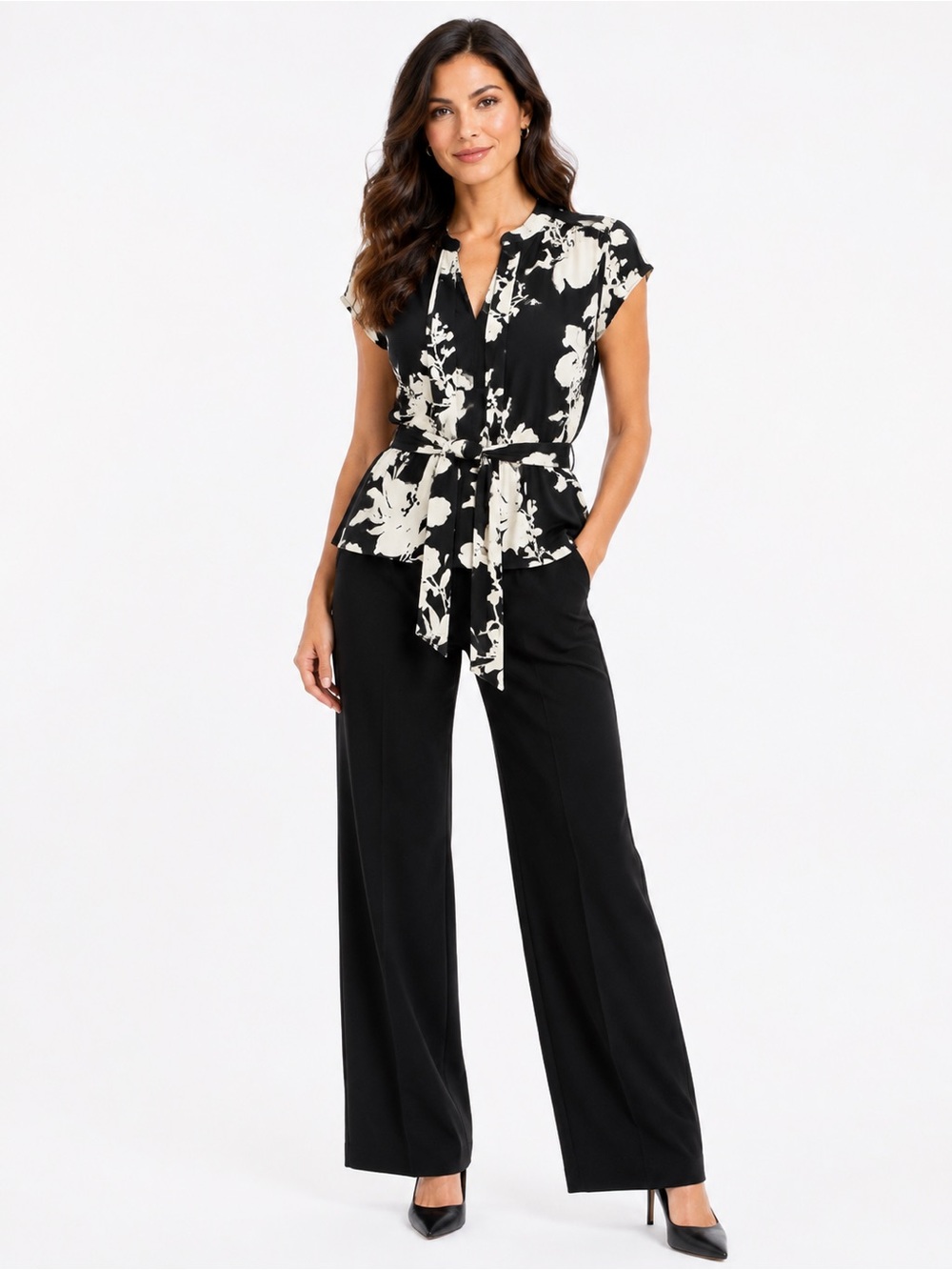 Liz Claiborne Black White Floral Tie Neck Blouse Top Size L Career Wear